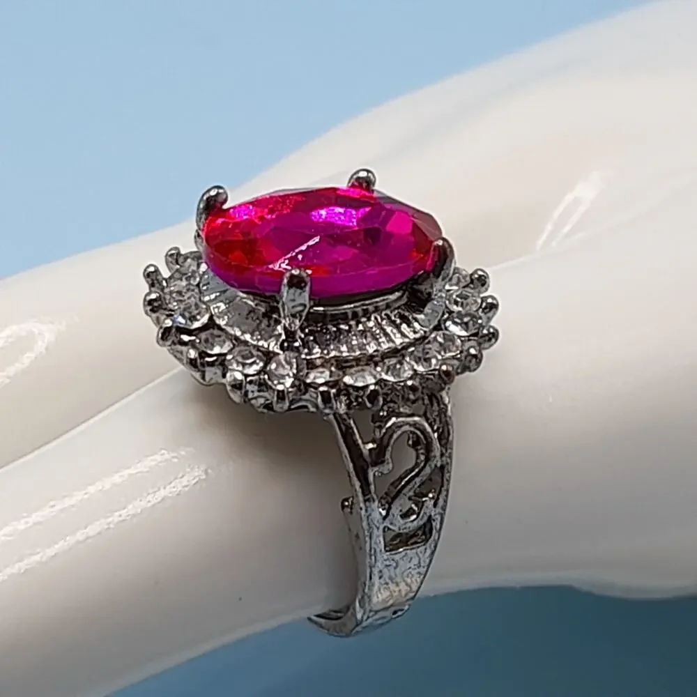 Vintage Pink Glass Cocktail Ring, Size 6.25, Clear Rhinestones, Silver Tone
